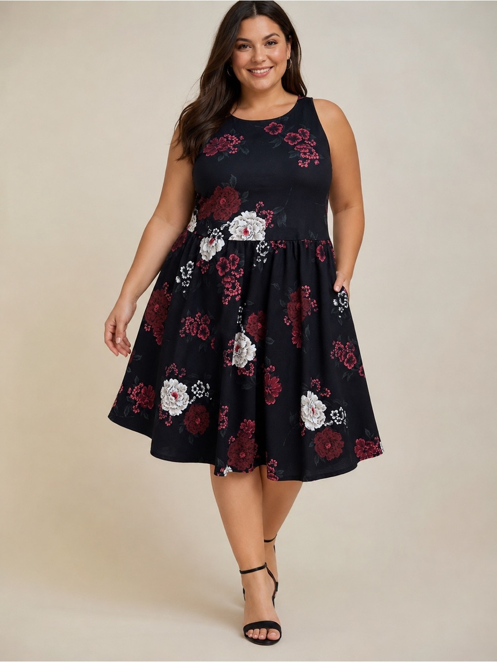 Torrid Size 3 Black Floral Swing Dress Sleeveless Fit & Flare Rose Print